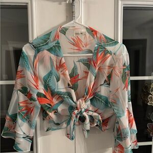 Tropical Print Tie-Front Blouse Ruffle Sleeves - Crop